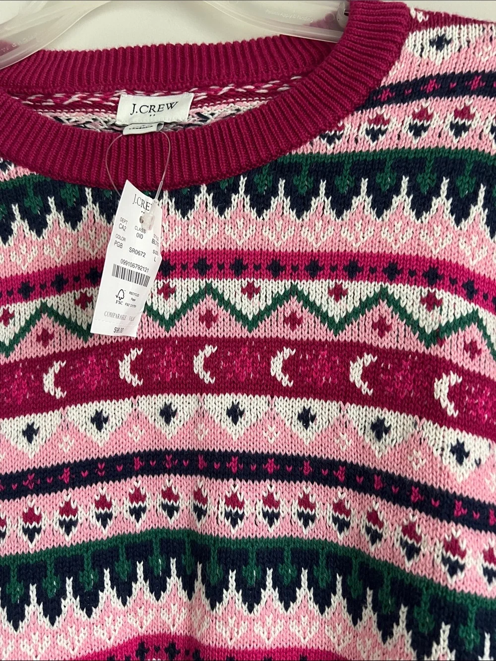 J. Crew Pink & Green Fair Isle Crewneck Sweater